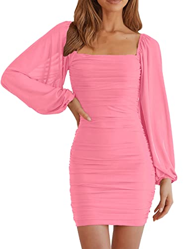 Image of MEROKEETY Women Square Neck Lantern Long Sleeve Mesh Ruched Bodycon Clubwear Mini Dress