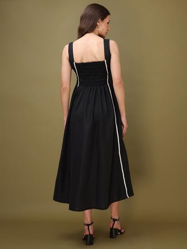 Image of PURVAJA Women's Round Neck Flared Cotton Blend Dress (Floe-043-045)