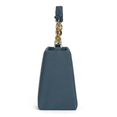 Image of Black Structured Handbag with Gold Chain Handle and Woven Crossbody Strap, Faux Leather