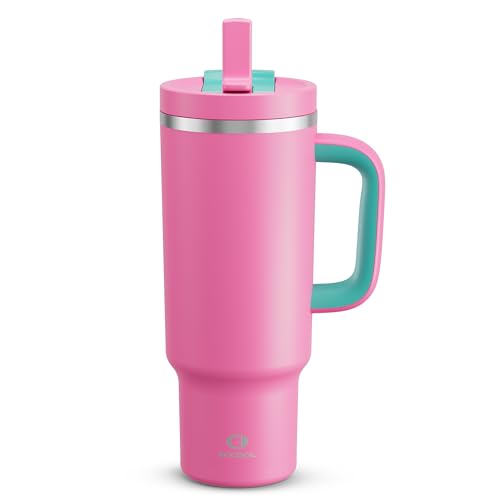 Image of ENCOOL 40 oz Tumbler with Handle and Straw: Stainless Steel Insulated Tumbler Keeps Cold for 24 Hours, Leakproof Travel Cup Fits in Cup Holder and BPA-Free,Light Crimson