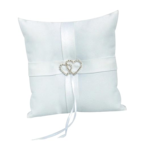 ABOOFAN Double Heart Bearer Pillow Ribbons Elegant Wedding Ceremony Accessory White Satin Decorated Pillow for Brides