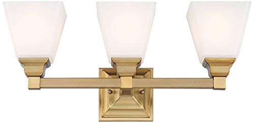 Image of Mencino 20 inch Warm Brass and Opal Glass Modern Bath Wall 3-Light Fixture | Mount Gold Metal Hardwired Wide Vanity Etched White Shades for Bathroom Over Mirror House Home Room Decor