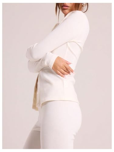 Image of BEAUDRM Women's Button Front Long Sleeve T Shirt Crew Neck Ribbed Knit Cardigan Open Front Slim Fitted Casual Tops White Medium