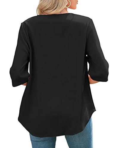 Remikstyt Women's Short Sleeve Blouse Zip V-Neck Solid Tee Shirts Work Tunic Casual Summer Tops Black #TOP3