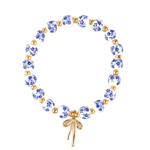 Blue and White Porcelain Beaded Bracelet, Beads Bow Charm Bracelet for Women Vintage Ceramic Bracelets Dainty Romantic Gift, Handmade Gold Beaded Jewelry for Her