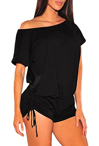 Women's Summer One Shoulder Ruched Drawstring Shorts Romper Jumpsuit by Fixmatti