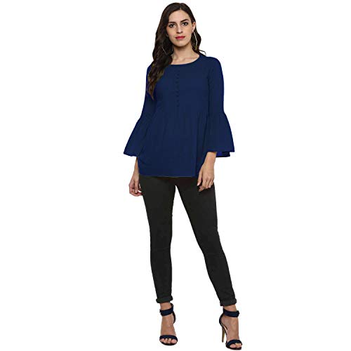 Image of Cotton Plain and Solid Bell Sleeve A-Line Short Round Neck Flared Tunic Top for Girls Women