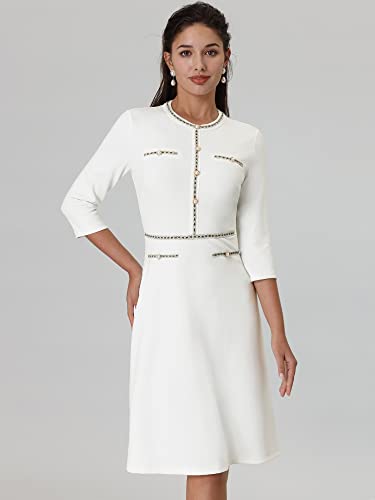 Women's Church A-Line Work 3/4 Sleeve Tweed Midi Dresses3