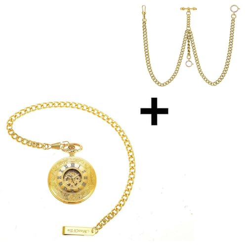 Image of ManChDa Mechanical Roman Numerals Dial Skeleton Pocket Watches with Luxury Wooden Box and Chains for Mens Women