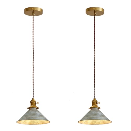 Oyisen Rustic Pendant Light 2 Pack with Vintage Silver Metal Lampshade, Kitchen Island Pendant Light 6.5Ft Adjustable Hanging Lamp for Kitchen Island Dining Room Hallway