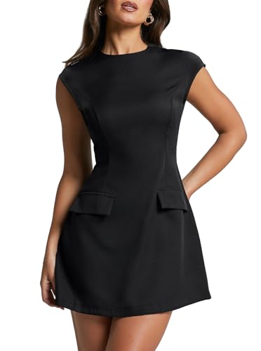 oten Women's Sexy Cap Sleeve Mock Neck Mini Dress A-Line Flare Club Night Out Party Short Dresses
