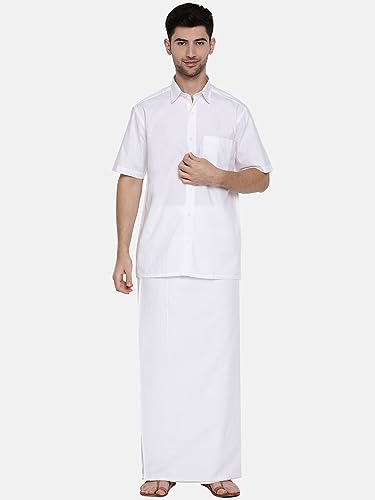 Image of RAMRAJ COTTON Mens Solid Regular Fit Half Sleeve Ethnic White Cotton Shirt