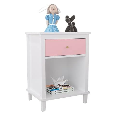 FAMIKITO Nightstand with 1 Drawer, 26.68 Inch Bedside Furniture with Open Storage Shelf for Kids, Girls, and Boys, Nightstand for Bedroom, Pink Cover