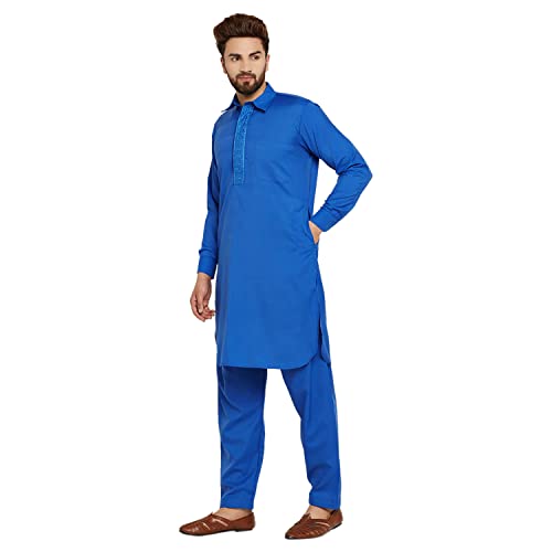 Image of SOJANYA (Since 1958, Men's Royal Blue Cotton Blend Pathani Kurta & Salwar Set, Size: L(SJR-160-40)