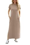GRECERELLE Womens Maxi Dress Wrinkle Free Summer Mock Neck Short Sleeve 2025 Casual Elegant Loose Split Long Dresses with Pockets (Khaki, XL)