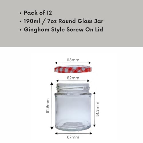 COS Glass Paneled Round Jam Jars + Red Gingham Lids: 190ml - Pack Of 12