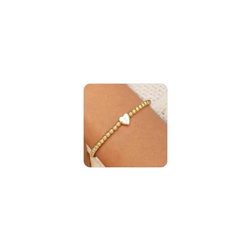 Gold Initial Bracelets for Women Trendy,14K Gold Plated Heart Beaded Bracelets Ball Bead Bracelet Dainty Personalized Name Letter Bracelet Gold Jewelry Fashion Accessories Birthday Christmas Gifts