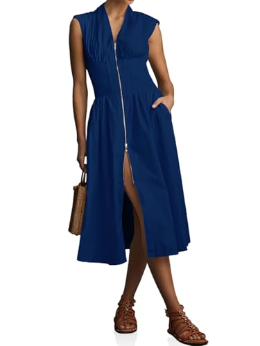 Image of Wenrine Womens Smocked Midi Dress Zipper V Neck Long Summer Dresses | zip front, empire waist, cap sleeve, flowy, a line, high slit, casual midi dress