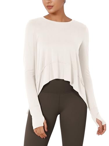 Image of ODODOS Soft Modal Long Sleeve Crop Top for Women with Thumb Hole Athletic Gym Workout Cropped Yoga Shirts