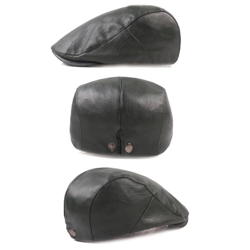 PHEZEN Men's Ivy Caps Hats, Adjustable Soft PU Leather Hunting Fishing Hat Golf Cabbie Flat Cap Hats, Black3