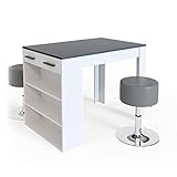 Der Bartresen und Hocker bietet viele Ablagen zur Aufbewahrung und eignet sich ideal für kleine Räume dank seiner Breite und Funktionstauglichkeit.
