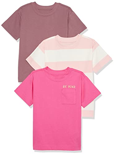 Amazon Essentials Unisex Toddlers' Modern Short-Sleeve Cotton T-Shirt, Pack of 3, Dusty Rose/Pink Text Print/White Rugby Stripe, 3T - image 1