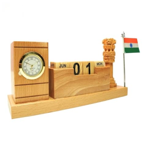 Image of Vrundavan Wood Art Wooden Desk Organizer with Pen Stand, Mobile Holder Flag Ashoka Pillar Clock & Calendar Personalized Office Accessory for IAS Advocates Corporate & Office Gifts Brown
