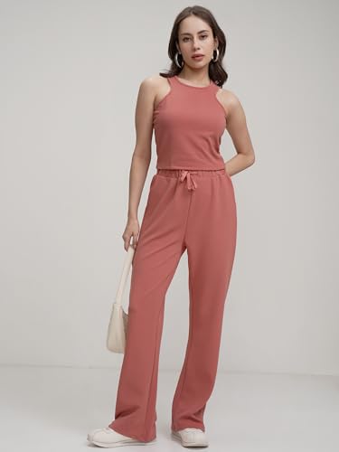Image of Tokyo Talkies Women's Co-ord Set | Sleeveless Crop Top & Drawstring Trousers | Perfect for Casual Outings & Vacations