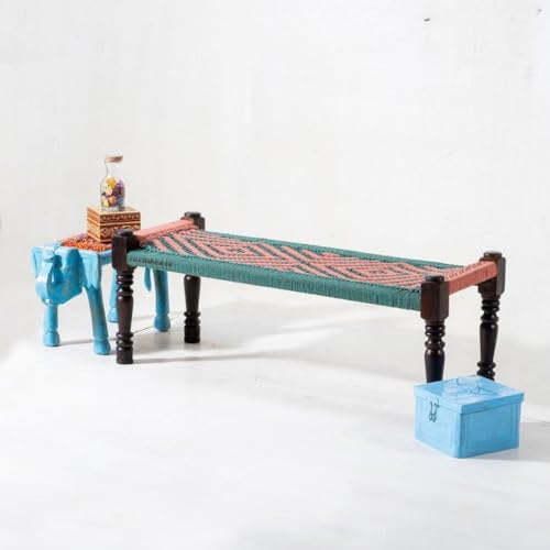 Image of Wooden Bench for Seating | Handcrafted Sheesham Wood Bench for Living Room, Balcony & Garden | Traditional Patio for Outdoor with Cotton Handwoven Rope | Green and Orange