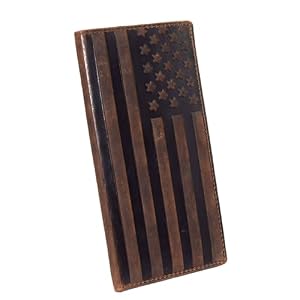 MARSHAL American Flag Checkbook Cover Vintage Leather Patriot Cowboy Wallet for Men (Brown)