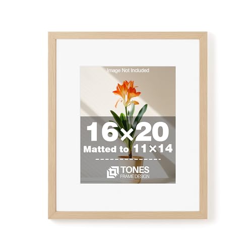 TONES FRAME DESIGN 16 x 20 Picture Frame Matted to 11x14 Natural Solid Wood Veneer Finish with Shatterproof Plexiglass 16x20 Frame Wooden 20x16 Picture Frames for Wall Gallery Home Decor