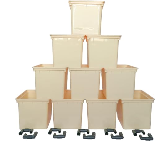 10-Pack Dutch Bucket Hydroponic System – Bato Buckets with Siphon Elbows – 11L (12" x 10" x 9") – Tan