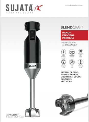Image of Sujata Blendcraft Hand Blender|180 Watts Motor|18000 RPM|2 Speed Toggle Action Switch|Super Quick Blending| (Black)