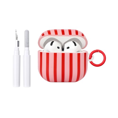 Reownest Kompatible für AirPods 4 Hülle mit Reinigungsset Süßes Striped Muster Gestreifte Ästhetische Design Stoßfeste und Kratzfeste TPU Schutzhülle mit Schlüsselanhänger Frauen Mädchen-Rot