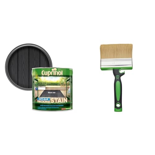 CUPRINOL 5122405 Anti Slip DECKING Stain Black ASH 2.5L & Fit for The Job 4 inch Large Capacity Shed and Fence Block Brush for Rapid Painting of Sheds & Fence