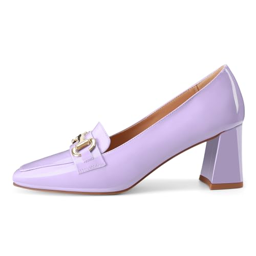Image of Womens Mid Block Chunky Heeled Loafers Closed Square Toe Patent Leather Comfortable Slip On Pumps Metal Chain Basic Classic Casual Work Office Dress Shoes 2.8 Inches Heels