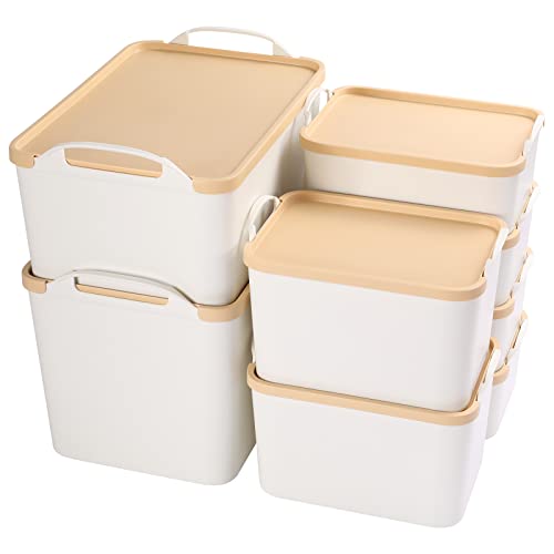Anminy 8Pcs All-In-One Lidded Plastic Storage Bins Set White Desk Basket Box Drawer Organizer Kitchen Food Container With Handles Removable Lids Decorative Clothes Laundry Closet Cabinet Shelf Cube #TOP1