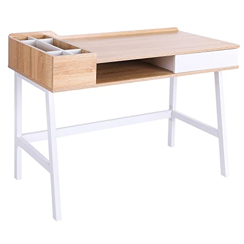 HOMCOM Mesa de Ordenador 80x53 cm Escritorio con 6 Compartimentos Estante Abierto y Cajón de Almacenaje para Oficina Despacho Estudio 100x55x81,5 cm Roble y Blanco