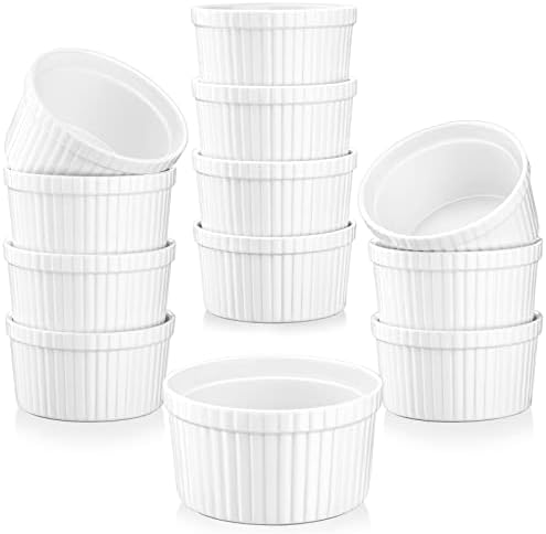MALACASA 12 sztuk 220 ml Ramekins miski do maczania porcelanowe kremowe brulee Ramekins suflet naczynia do pieczenia do serwowania dipu, kremu, lodów, nadaje się do piekarnika, kość słoniowa