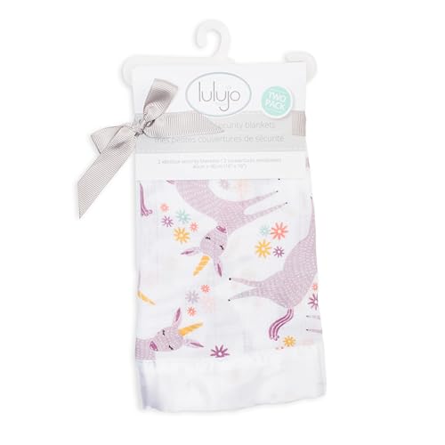 Lulujo Baby Security Lovey Blankets| Unisex Softest Breathable Cotton Muslin Security Blanket with Silky Satin Trim| Neutral Comforting Blanket for Girls & Boys | 16in by 16 in| Unicorn