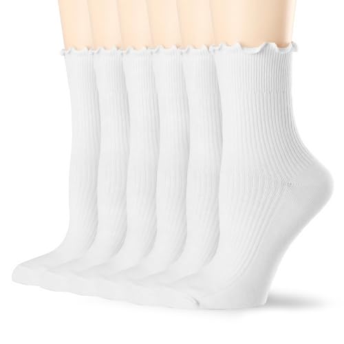 6 Pairs Ankle Ruffle Socks Women, Soft Breathable Ruffled White Short Socks for Woman Cute