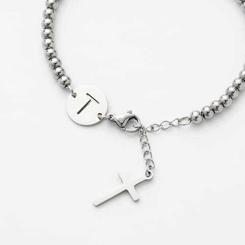 Image of Initial Cross Silvery Bracelets for Women Trendy, Initials Cross Charm Beaded Bracelet, Christian Gifts for Women, Baptism Confirmation Christmas Inspirational Gifts for Mom Daughter Friend Sister
