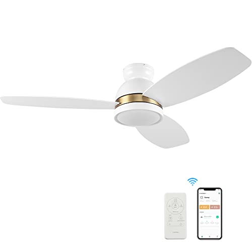 52" Flush Mount Ceiling Fan With Light, Indoor & Outdoor Ceiling Fan With 10-Speed Quiet Dc Motor, Smart Ceiling Fan Controlled By App, Remote, Google Home, Alexa And Siri Shortcut, White Ceiling Fan #TOP6
