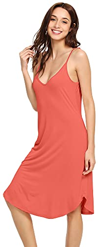 Wiwi Bamboo Slips Dress For Women Plus Size Chemise Nightgown Full Spaghetti Straps Lingerie Sleepwear Dresses S-4X, Coral, Medium #TOP2