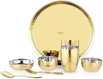 Ebun Heavy Gauge Stainless Steel Dinner Set | Gold PVD Plated Steel Thali Set | Stainless Steel Dinner Set for Kitchen | Thali Set for Dinner | Pack of 1 | 7 Pieces | 2 Side Gold PVD Plated Thali