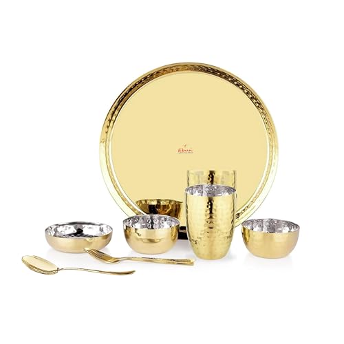 Ebun Heavy Gauge Stainless Steel Dinner Set | Gold PVD Plated Steel Thali Set | Stainless Steel Dinner Set for Kitchen | Thali Set for Dinner | Pack of 1 | 7 Pieces | 2 Side Gold PVD Plated Thali