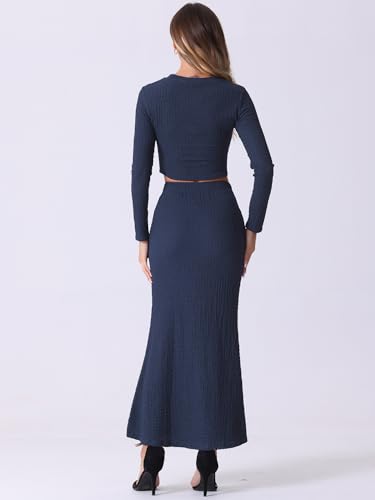 Allegra K Women's 2 Piece Sets Long Sleeve Crop Top High Waist Mermaid Maxi Skirt Fashion Casual Sets4