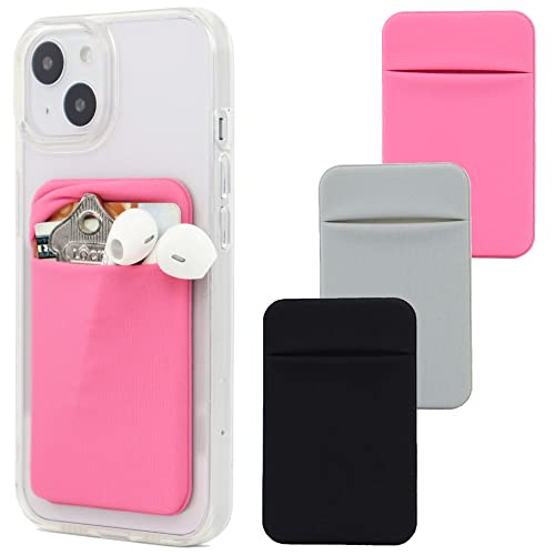 3Pack Adhesive Phone Pocket,Cell Phone Stick On Card Wallet,Credit Cards/ID Card Holder(Double Secure) with Self Sticker for Back of iPhone,Android and All Smartphones-Black,Grey,Pink