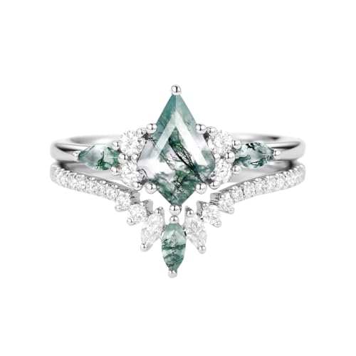 1.5 CT 925 Sterling Silver Kite Cut Natural Moss Agate Ring Bridal Set Engagement Wedding Promise Ring Birthday Christmas Jewelry Gift for Women