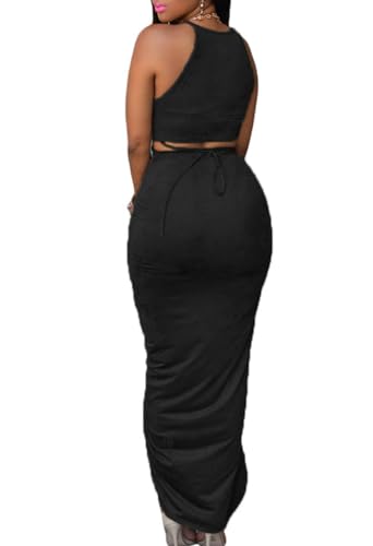 HUUSA Women's Sexy 2 Piece Skirt Sets Elegant Bodycon Maxi Dress Sleeveless Tank Shirt Tops High Waist Ruched Slit Long Dress2